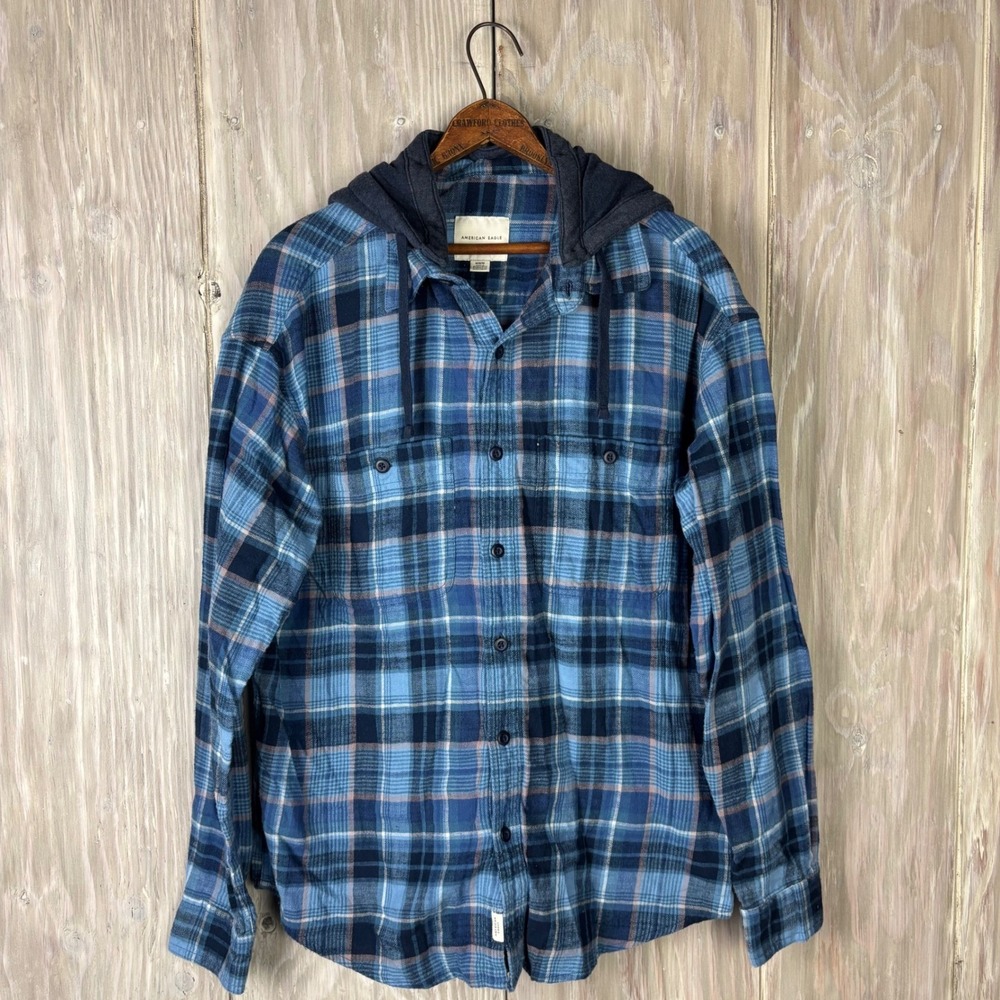 American Eagle Mens Plaid Flannel Hoodie Removable Hooded Shirt Blue Size M Y2K